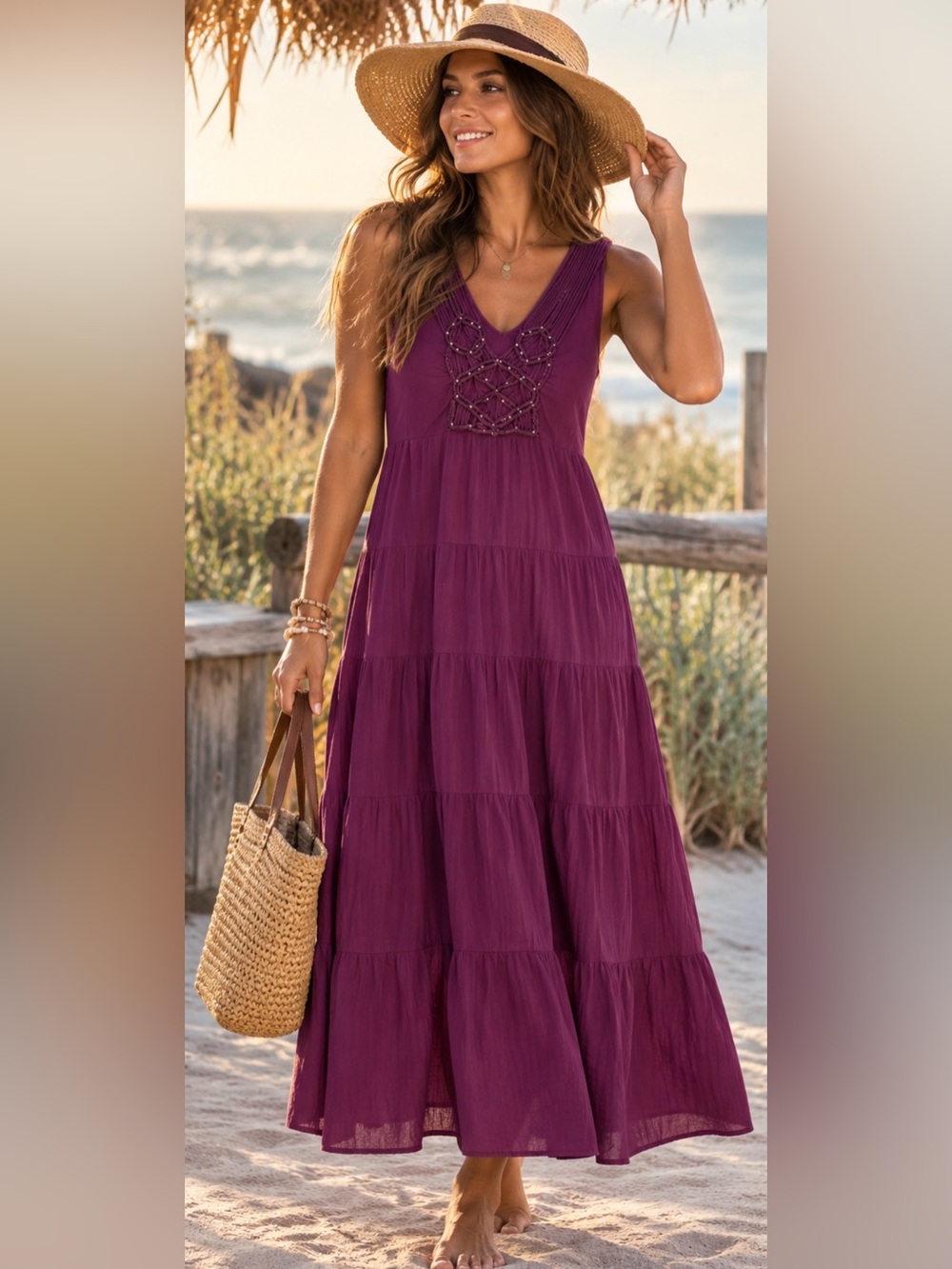 Plum Purple Cotton Modal Tiered Maxi Dress LARGE Boho Macrame Prairie Coastal